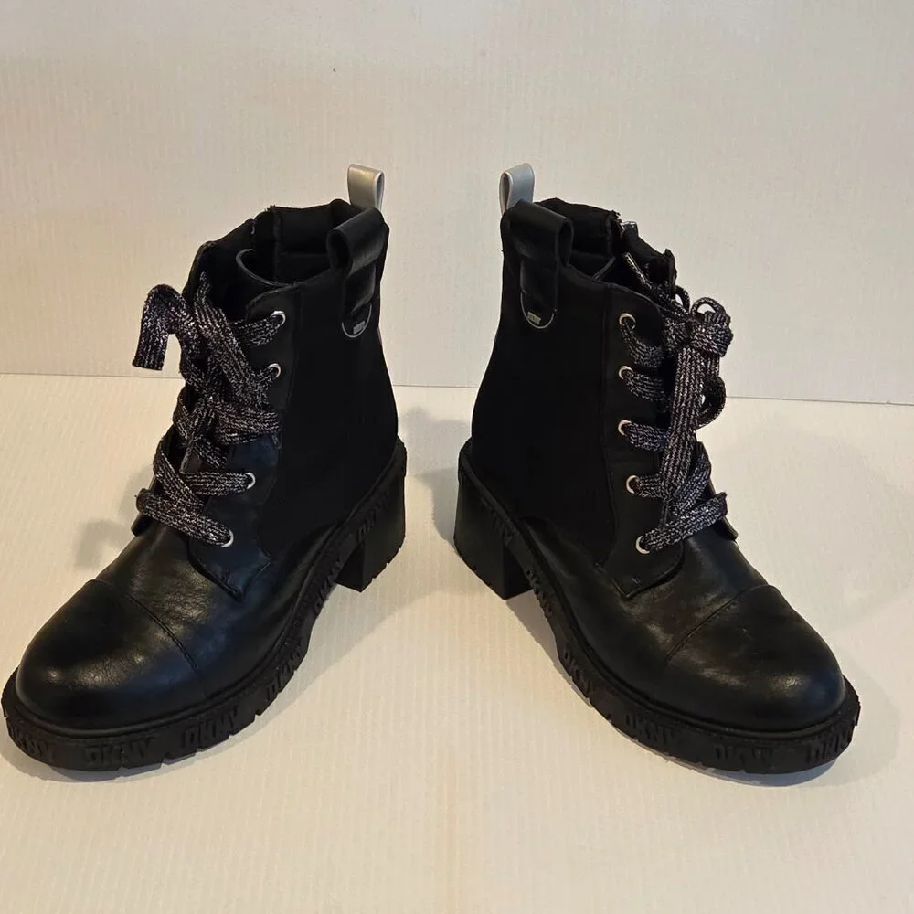 DKNY Girls Haley Block Heel Combat Military Black Boots Size 3 Chunky Heel